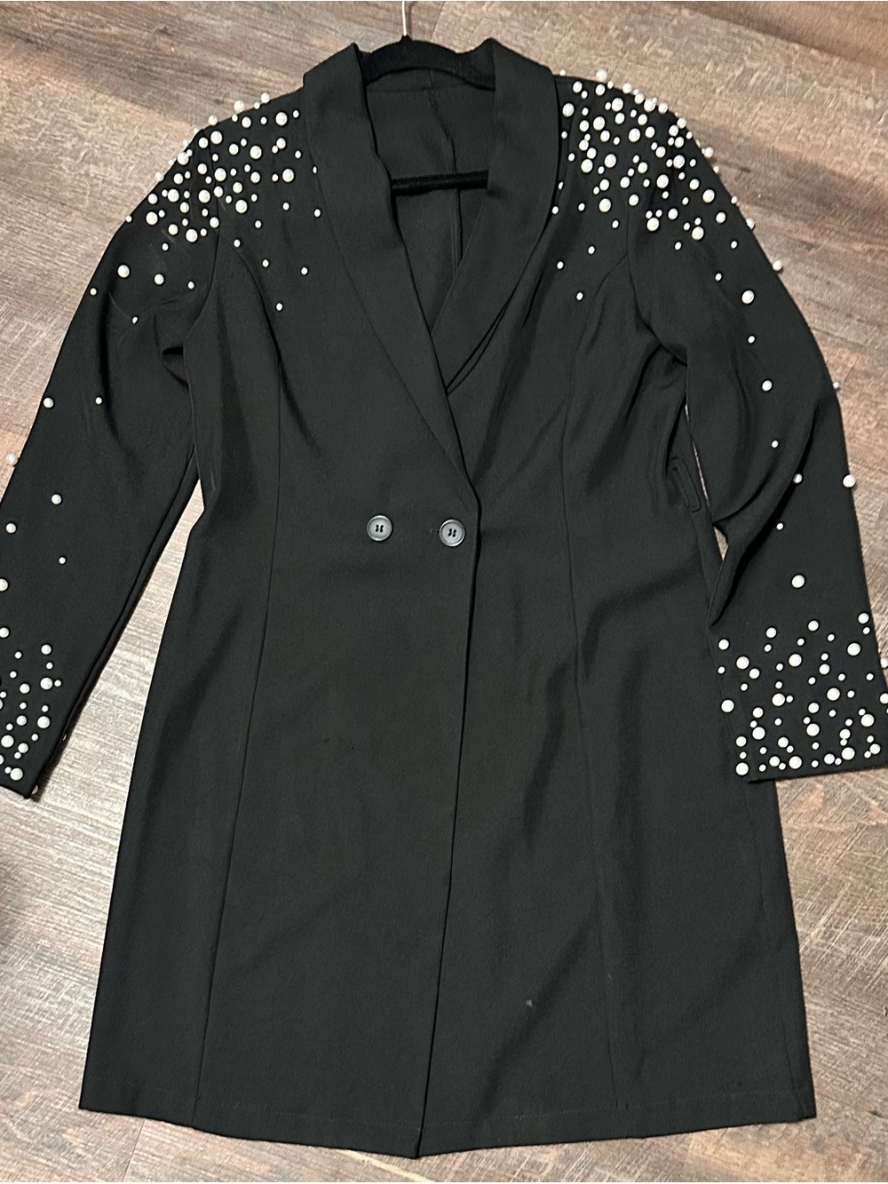 Black Pearl-Embellished Long Blazer Coat - Women's